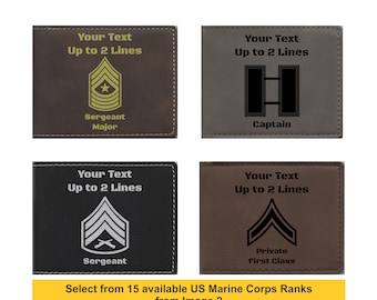 Personalized Military Gifts, US Marines Rank with Custom Text Engraved Leatherette Wallet, United States Military, Veteran Gift