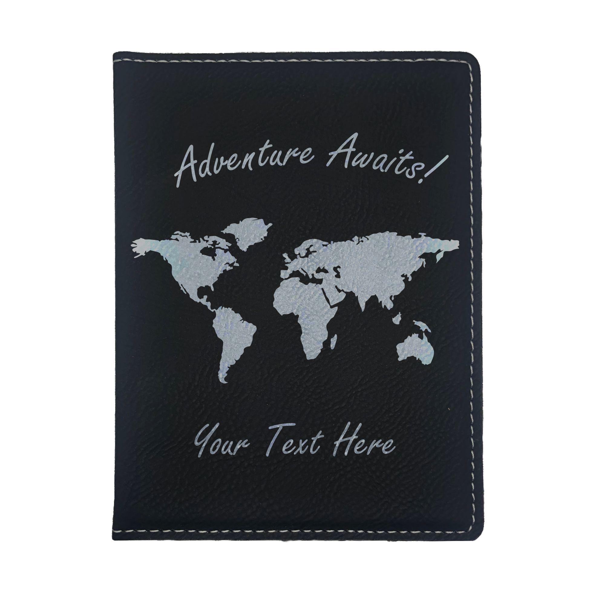 Passport Holder Adventure Awaits World Map with Custom Text, Engraved Leatherette Travel Accessories
