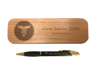 Personalized Veterinary Field Engraved Coated Brass Pen with Case - Caduceus Symbol with Custom Text - Vet, Veterinarian, Nurse Gift