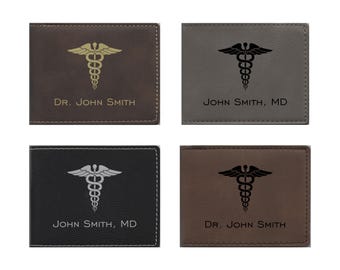 Personalized Wallet, Medical Field Caduceus Symbol Engraved Leatherette, Doctor Gift, Nurse Gift, Wallet for Men Women