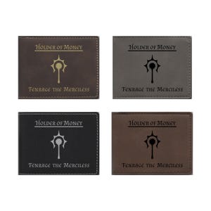 May include: Four leather wallets with different colored backgrounds. Each wallet has the text "Holder of Money" and "Fenrage the Merciless" with a symbol in between.