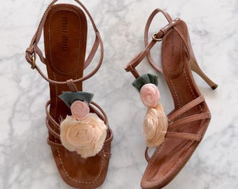 Miu Miu 2000s Silk Rose Floral Leather Strappy Heels EU 37.5 UK 4.5