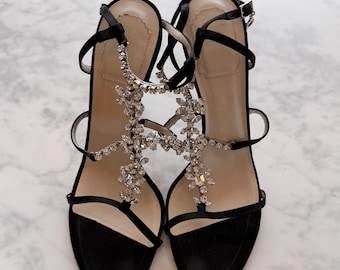 Christian Dior Vintage Schwarz Wildleder Strappy Crystal Floral Verziert Heels EU 39 UK 6