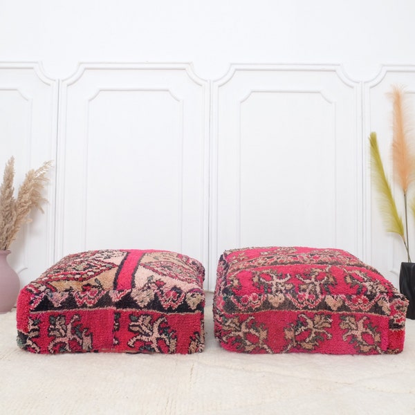 Set of 2 Kilim pouf, red Moroccan Floor Cushions, Vintage Floor Pillows