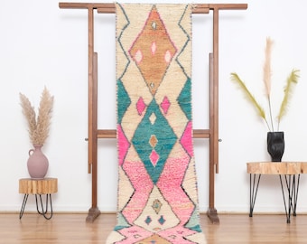 Vintage Moroccan rug runner, Authentic boujaad runner rug 2x10 ft