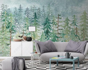 Pine Trees Snow Winter Forest Wallpaper Wall Mural, Watercolor Pine Forest Wall Mural Wall Decor