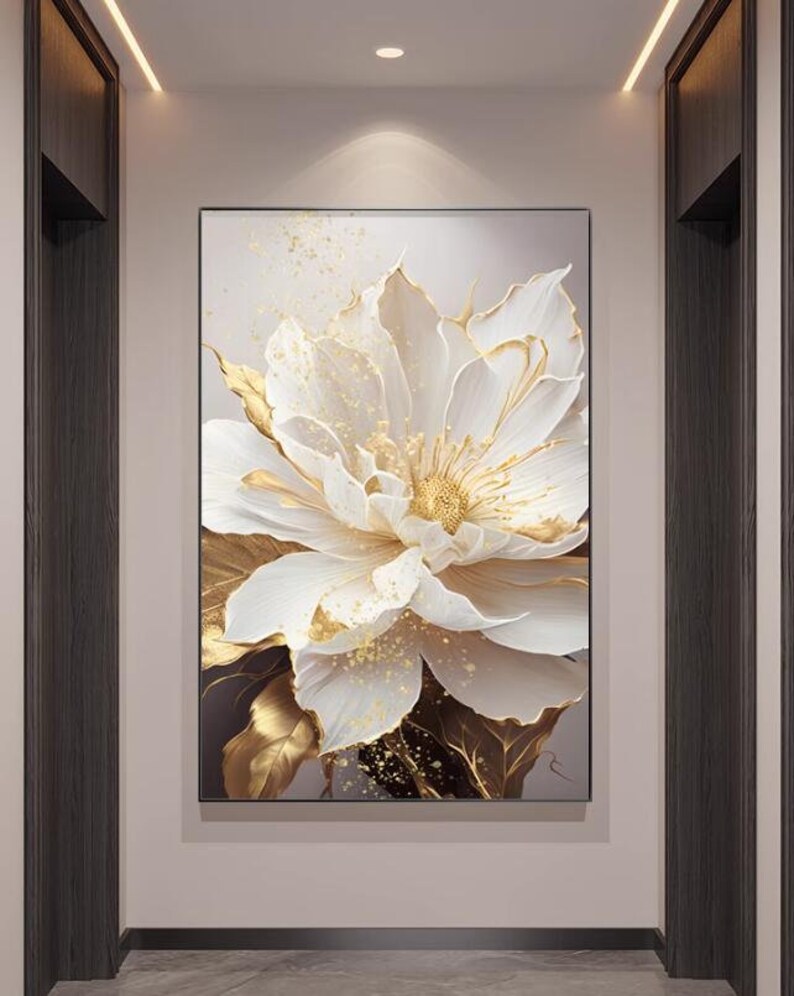Modern White Flower Wall Art, White Gold Flower Digital Download
