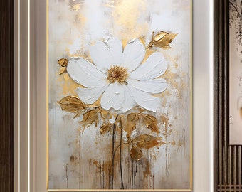 AbstractWhite and Gold Flowers Wall Art, Living Room Bedroom Entryway Flowers Wall Decor, White Flowers Digital Art Digital Download