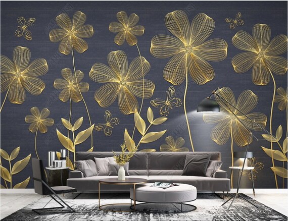 3d mural floral wallpaper. golden and black flowers and leaves. 3d