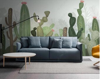 Original Nordic Tropical Plant Green Cactus Wallpaper Wall Decor, Watercolor Cactus Wall Mural Living Room Bedroom Home Decor