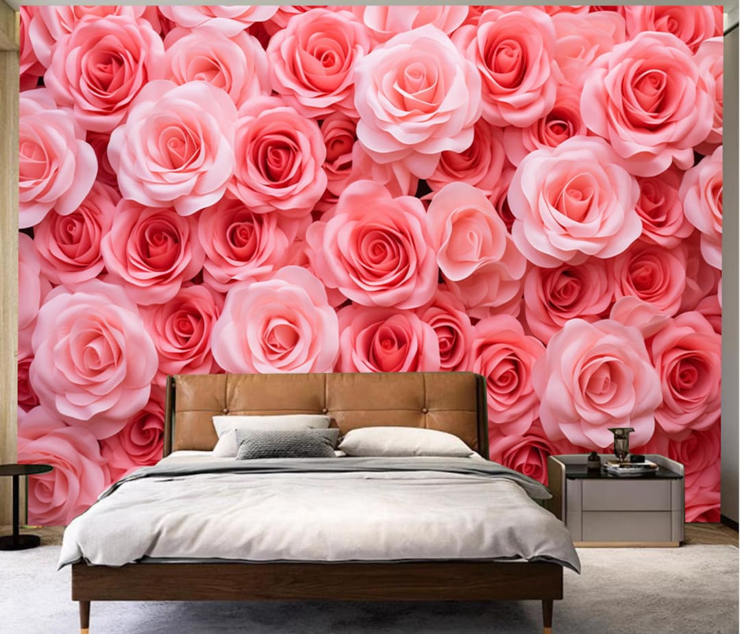Pink Roses Flowers Floral Wallpaper, Romatic Roses Floral Wall Mural ...