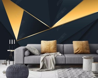 Nordic Simple Golden Lines Gilded Abstract Geometric Solid Wallpaper Wall Mural, Beautiful  Geometric Solid Wall Mural Wall Decor