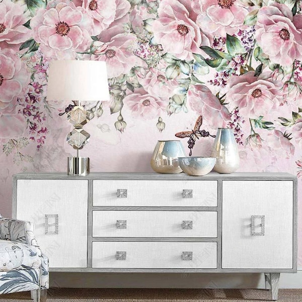 Rosa romantisches Kirschblüten Wandbild, schöne Blumen Tapete Wanddekoration