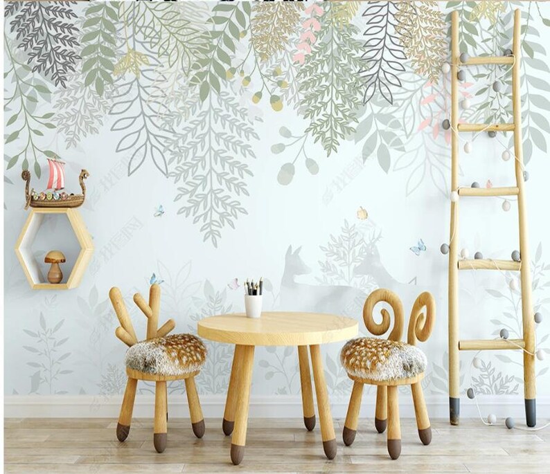 Watercolor Hanging Green Leaves Nursery Kids Wallpaper Wall Etsy