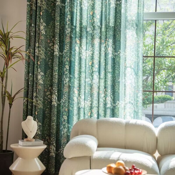Green Print Curtains Etsy