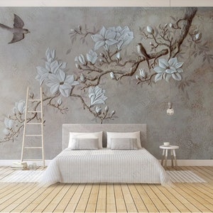 3D three-dimensional Relief Magnolia and Magpie  Wallpaper Wall Mural, 3D  Magnolia  Wall Mural Wall Decor