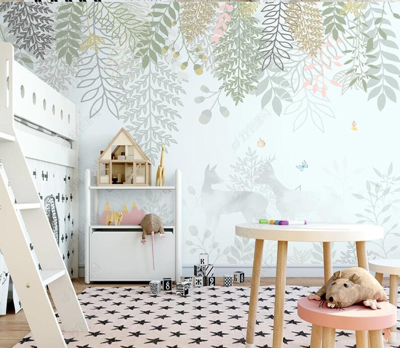 Watercolor Hanging Green Leaves Nursery Kids Wallpaper Wall Etsy