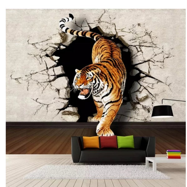 3d Tiger Wall Mural Etsy