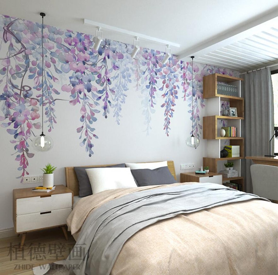 Wisteria Flowers Wallpaper Wall Mural, Watercolor Flowers Wall Mural ...