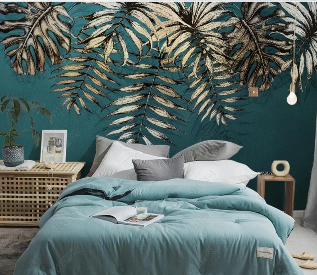Minimalist Hanging Leaves Wallpaper Wall Mural, Green Background
