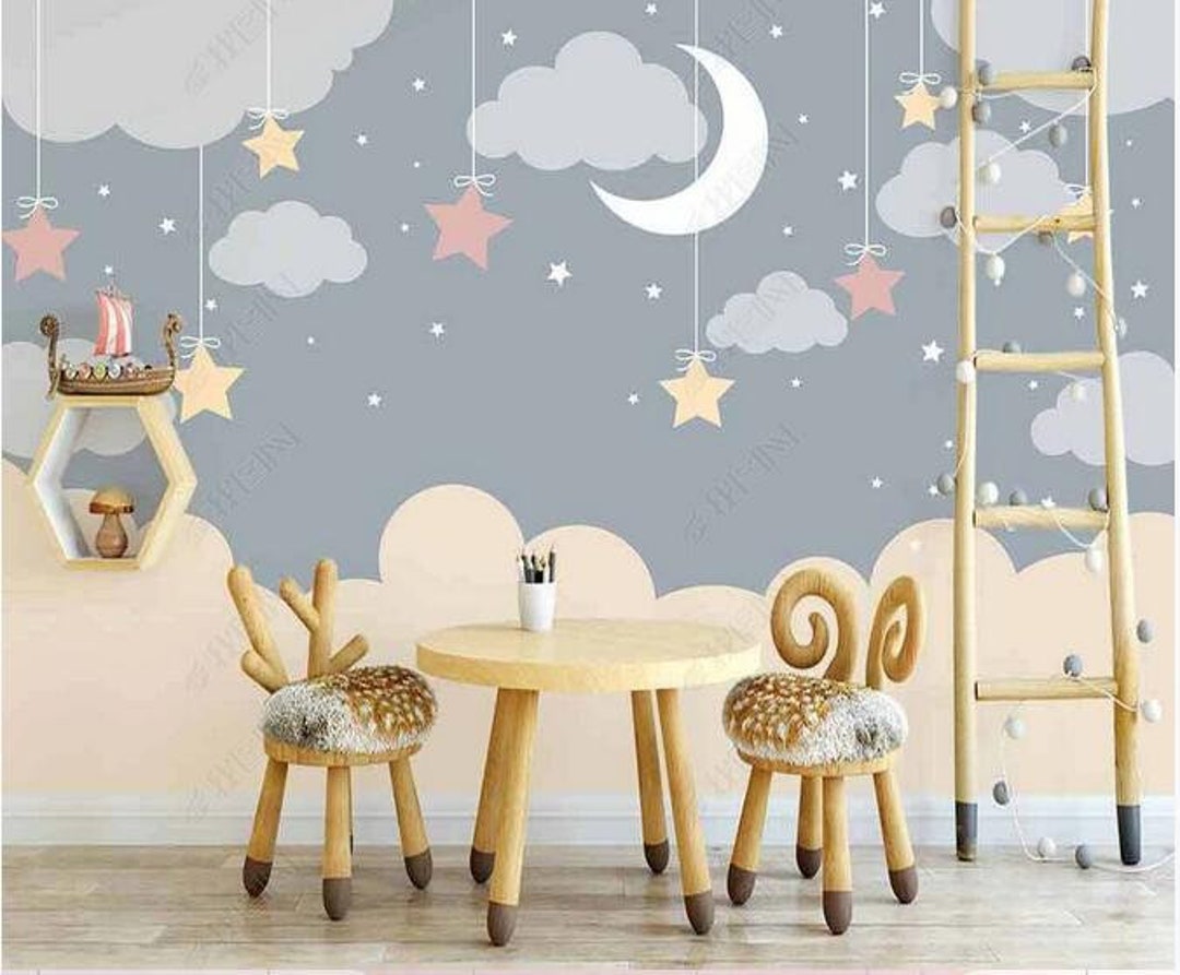 Hanging Stars Clouds the Moon Nursery Wallpaper Wall Mural Etsy