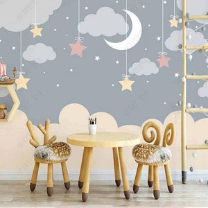 Hanging Stars Clouds the Moon Nursery Wallpaper Wall Mural - Etsy