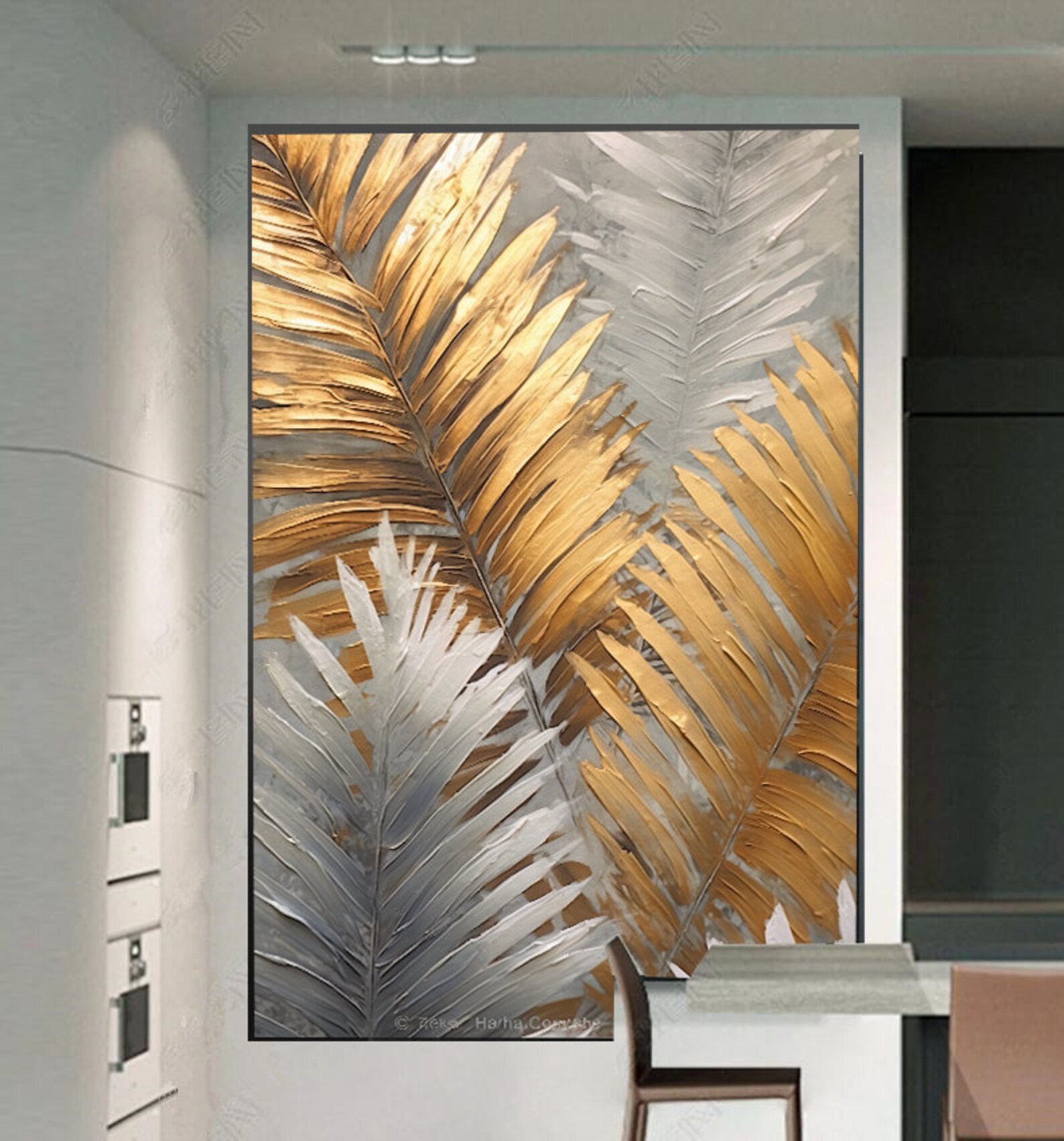 Minimalism Gold White Leaves Painting Wall Art, Leaf Painting Digital ...