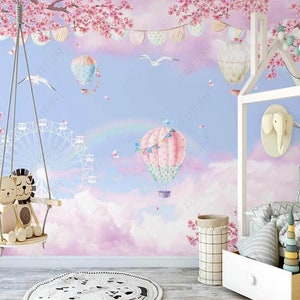 Dream cloud paradise Wall Mural, Lovely Hot Air Balloon Children Room Nursery Wallpaper Wall Decor