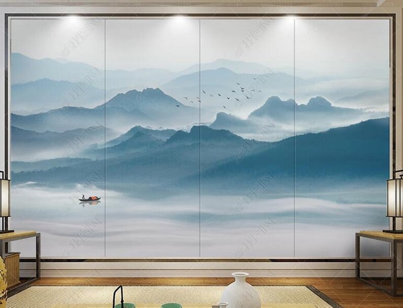 Abstract Ink Blue Mountains Wall Mural Wall Decor Etsy