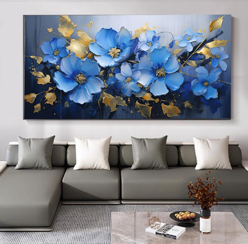 Abstract Blue Flowers Painting Wall Art, Modern Blue Flowers Digital