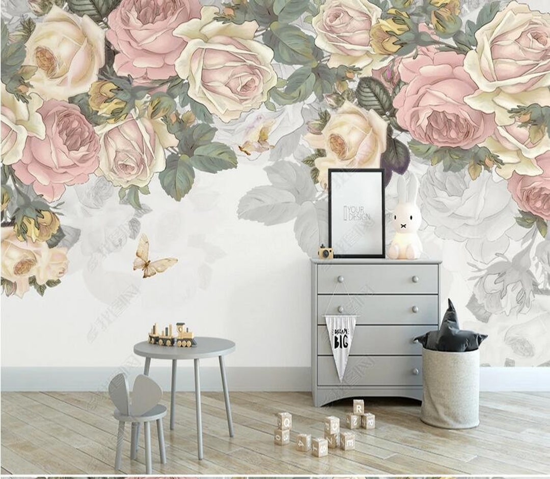 Watercolor Hanging Roses Flowers Floral Wallpaper Wall - Etsy