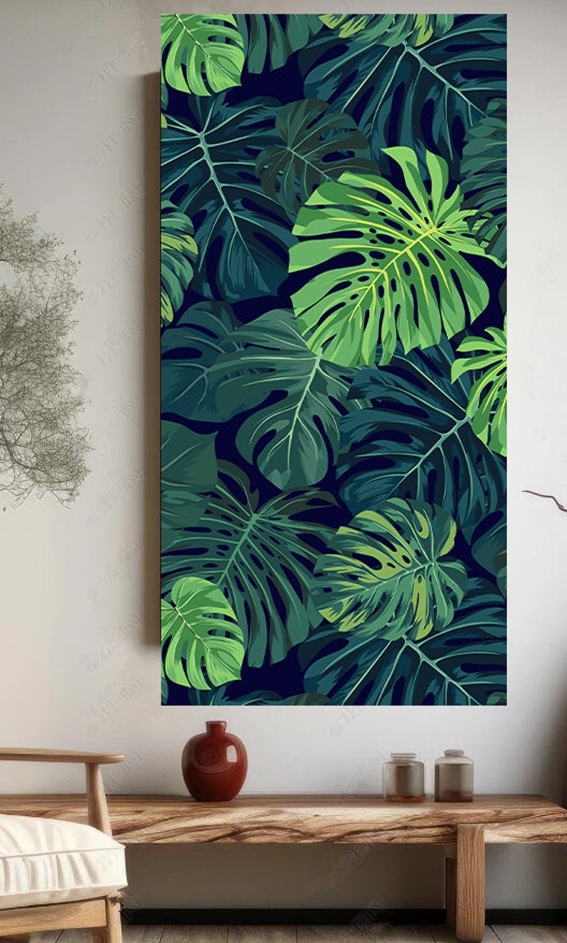 Dark Green Leaf Wall Art, Painting Leaves Plant Wall Decor, Dark Green