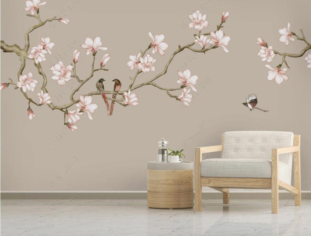 Chinoiserie Hanging Cherry Flowers Branch Wallpaper Wall Mural, Hanging ...