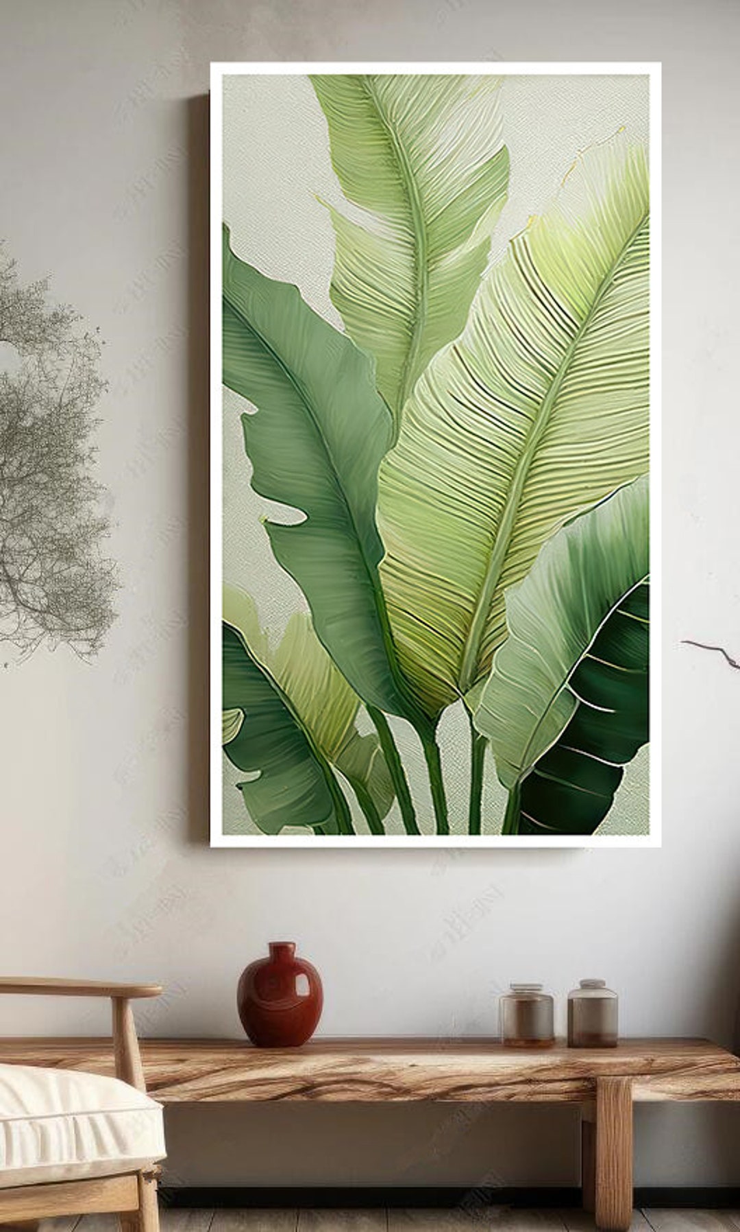 Minimalism Green Leaf Wall Art, Painting Banana Leaves Plant Wall Decor