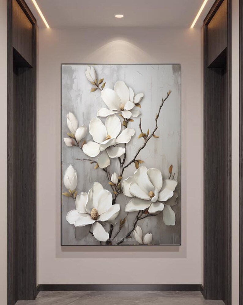 White Flowers Tree Painting Wall Art, Flowers Digital Download, Modern