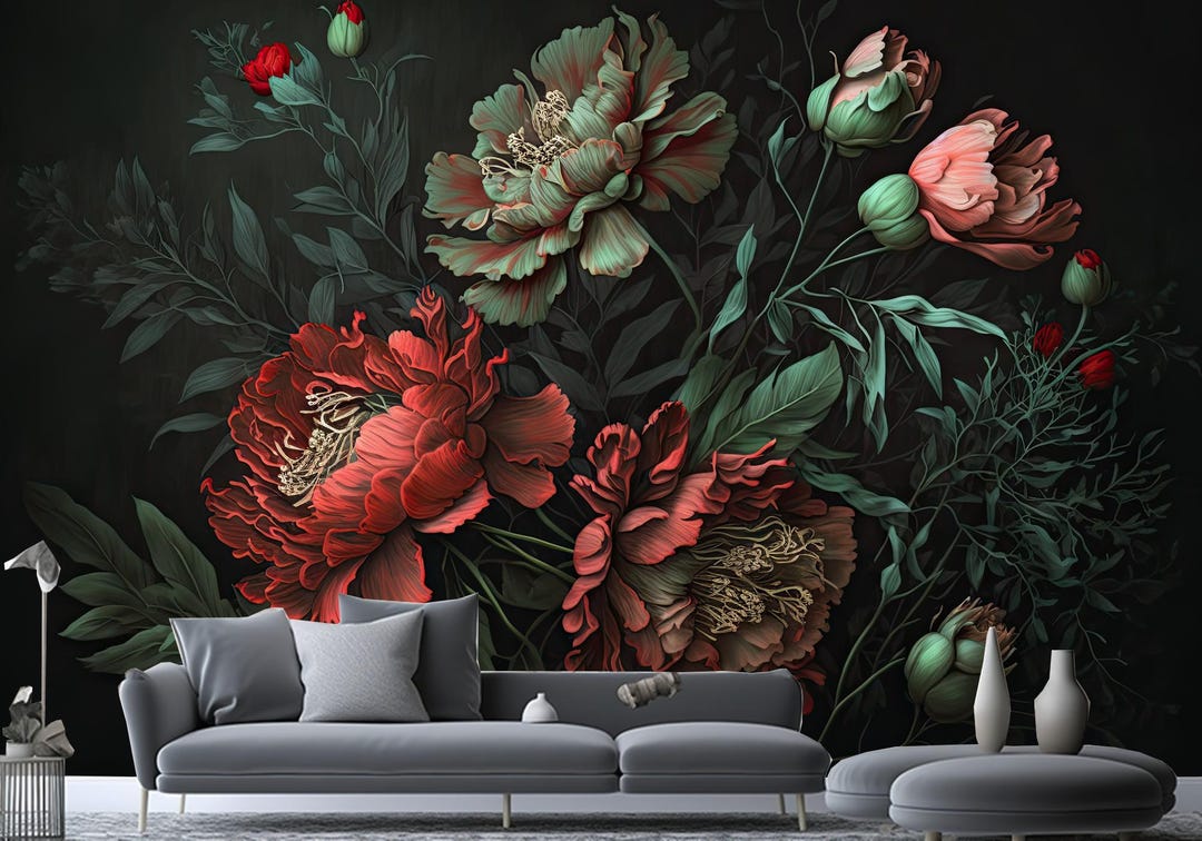 Dark Moody Red Flowers Floral Wallpaper Wall Mural Home Decor - Etsy