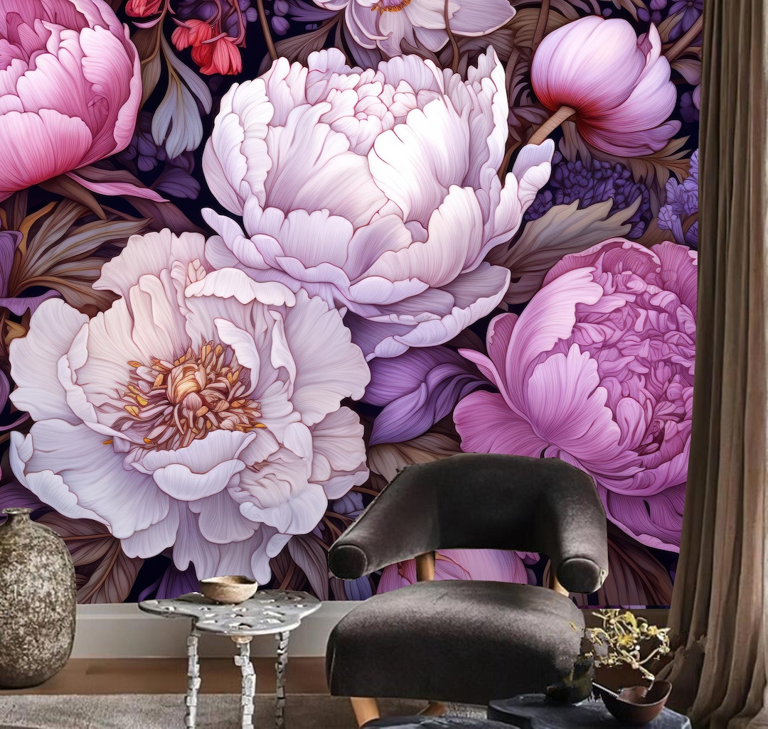 Beautiful Peony Flowers Wallpaper, Violet Big Floral Mural Wall Decor ...