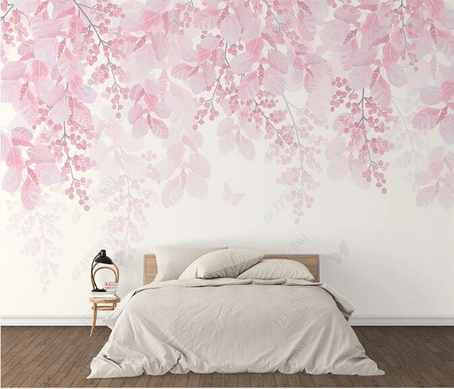 Watercolor Pink Hanging Leaves Wall Mural, Pink Leaves With Flowers ...