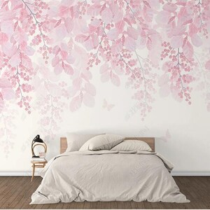 Watercolor Pink Hanging Leaves Wall Mural, Pink Leaves with Flowers Wallpaper Wall Decor