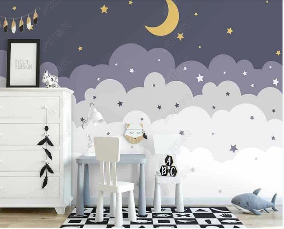 Navy Background White Navy Clouds Nursery Wallpaper Wall Etsy