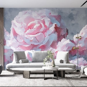 Big Giant Pink Rose Flowers Floral Wallpaper Wall Mural, Oil Painting Rose Flower  Wall Mural Wall Decor