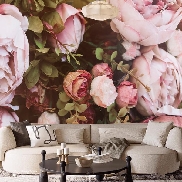 Pink Peonies Flowers Floral Wallpaper, Pretty Romantic Peony Wall Mural Wall Decor