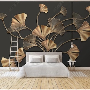 Nordic Simple Retro Golden Ginkgo Leaf Leaves  Wallpaper Wall Mural