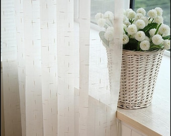 One Panel Natural Grid Linen Strips Curtains, White Linen Curtains for Bedroom Living Room Balcony Home Decor Sheer Curtains