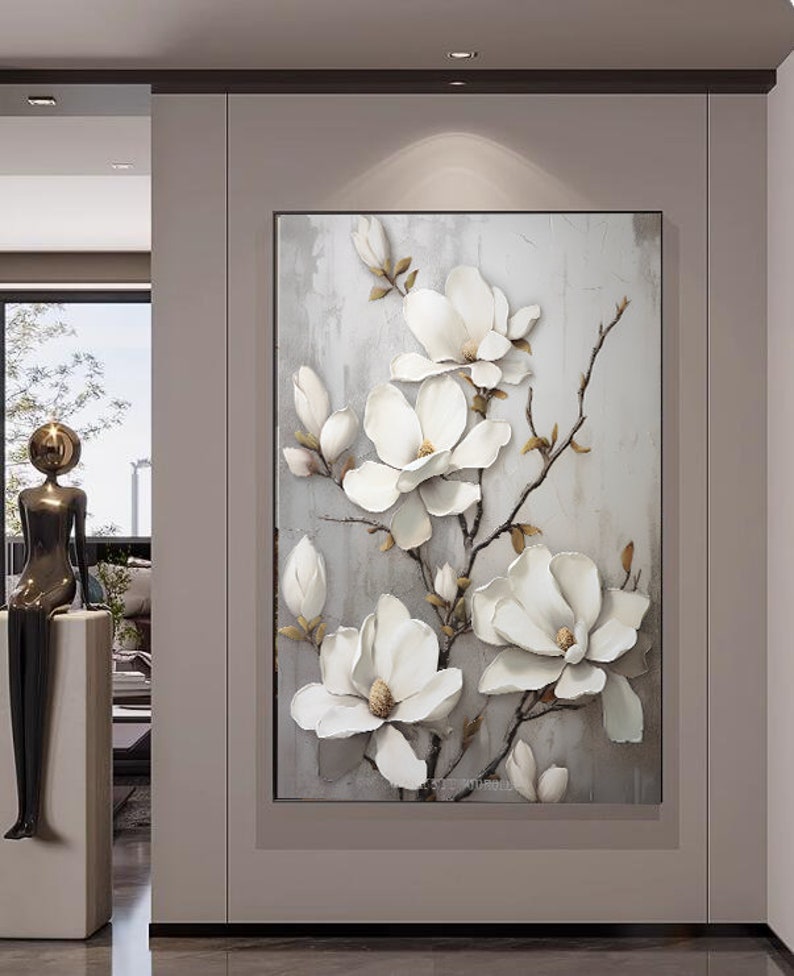 White Flowers Tree Painting Wall Art, Flowers Digital Download, Modern