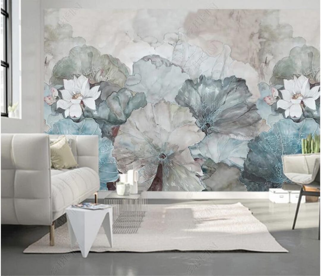 Ink Lotus Flowers Wallpaper Wall Mural, Chinoiserie Abstract Lotus Wall