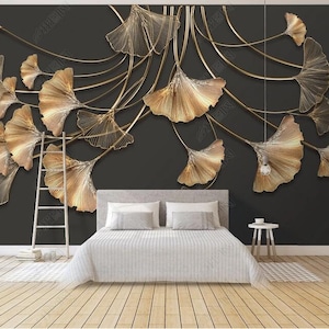 Nordic Simple Retro Hanging Golden Ginkgo Leaf Leaves Wallpaper Wall Mural