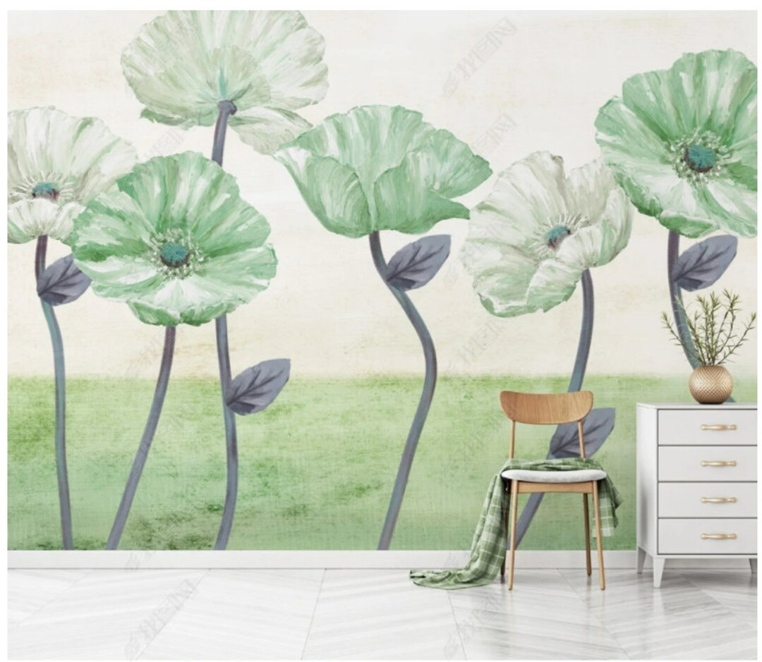 Blue Big Poppy Flowers Floral Wallpaper Wall Murals - Etsy