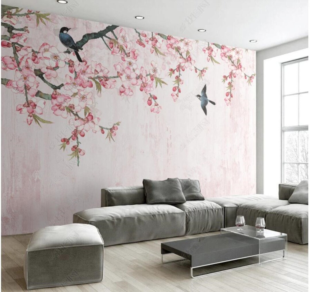 Chinoiserie Cherry Flowers Branch Wallpaper Wall Mural, Hanging Cherry ...