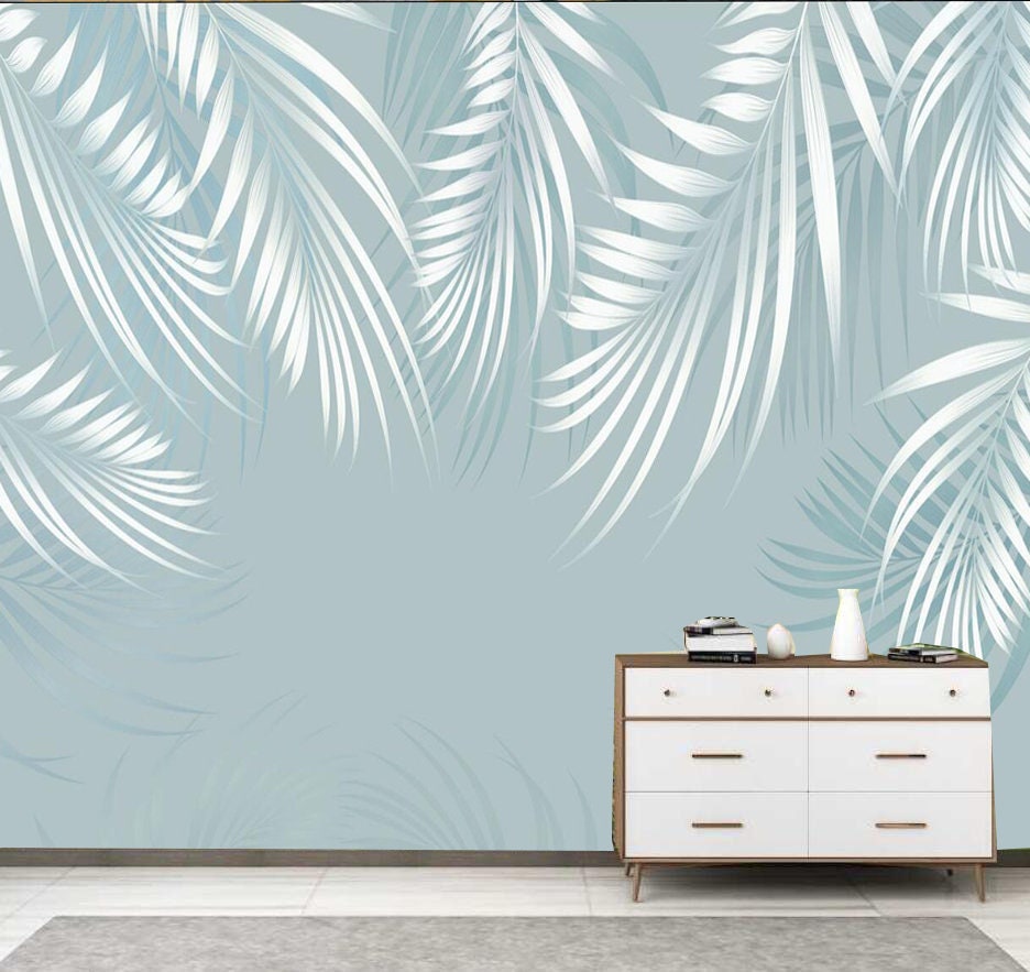 Minimalist Palm Leaves Leaf Wallpaper, Modern Hanging Leaves Wall Mural ...